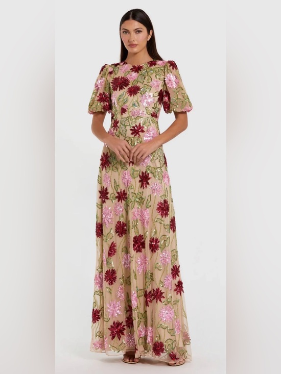 Mac Duggal Dresses & Skirts - Mac Duggal Beige Maxi Dress with Pink & Burgundy Floral Embroidery